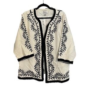 Linea Louis Dell'Olio Womens 1X Linen Embroidered Open Front Jacket Cream